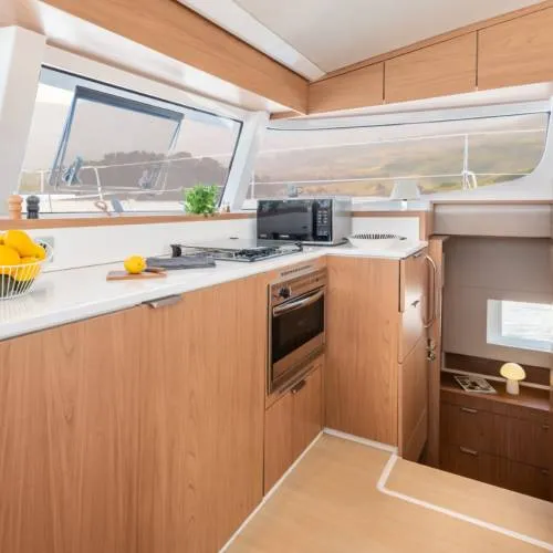 Galley of Zen Flow, a Bali Catsmart catamaran at Figari/Golfo Aranci, Italy