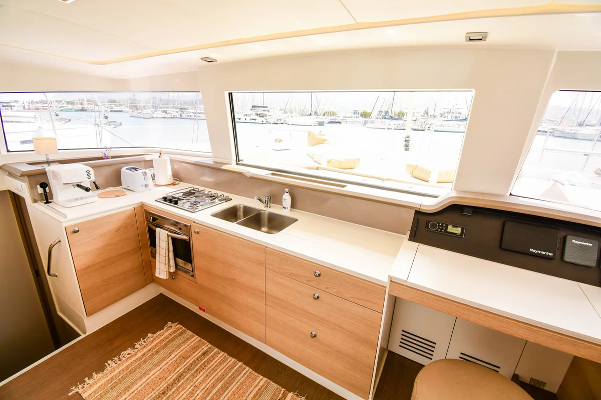 Galley of Meaban, a Bali 4.3 catamaran at Municipal Unit of Lefkada, Greece