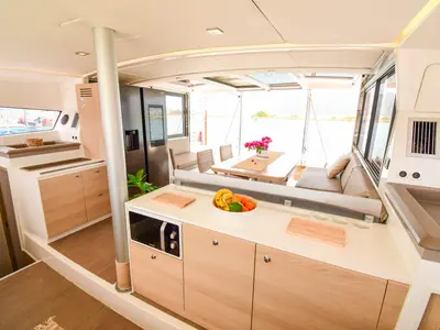 Salon of Meaban, a Bali 4.3 catamaran at Municipal Unit of Lefkada, Greece