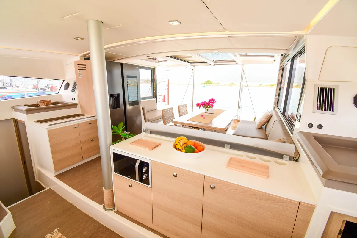 Salon of Meaban, a Bali 4.3 catamaran at Municipal Unit of Lefkada, Greece