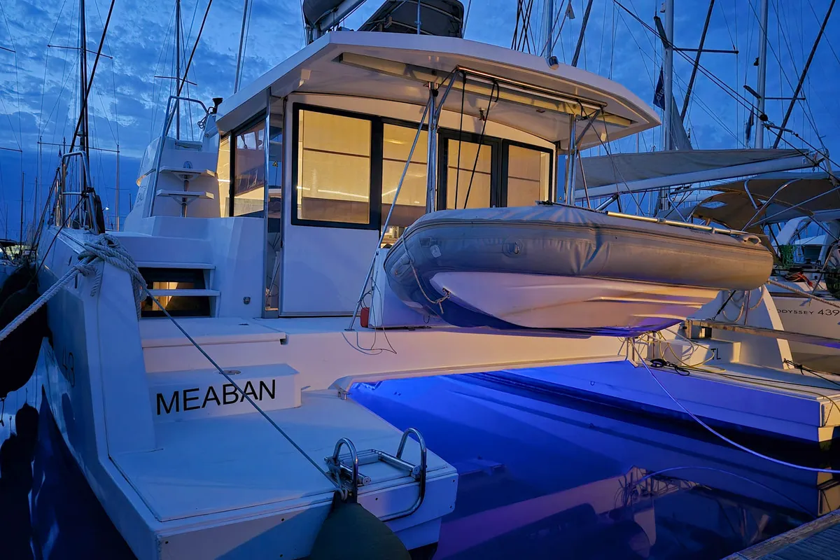 Exterior view of Meaban, a Bali 4.3 catamaran at Municipal Unit of Lefkada, Greece