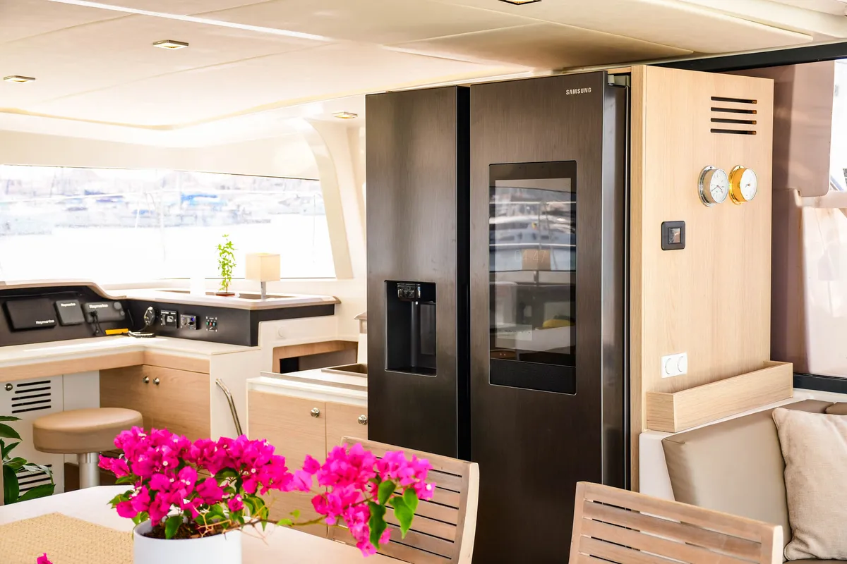 Galley of Meaban, a Bali 4.3 catamaran at Municipal Unit of Lefkada, Greece