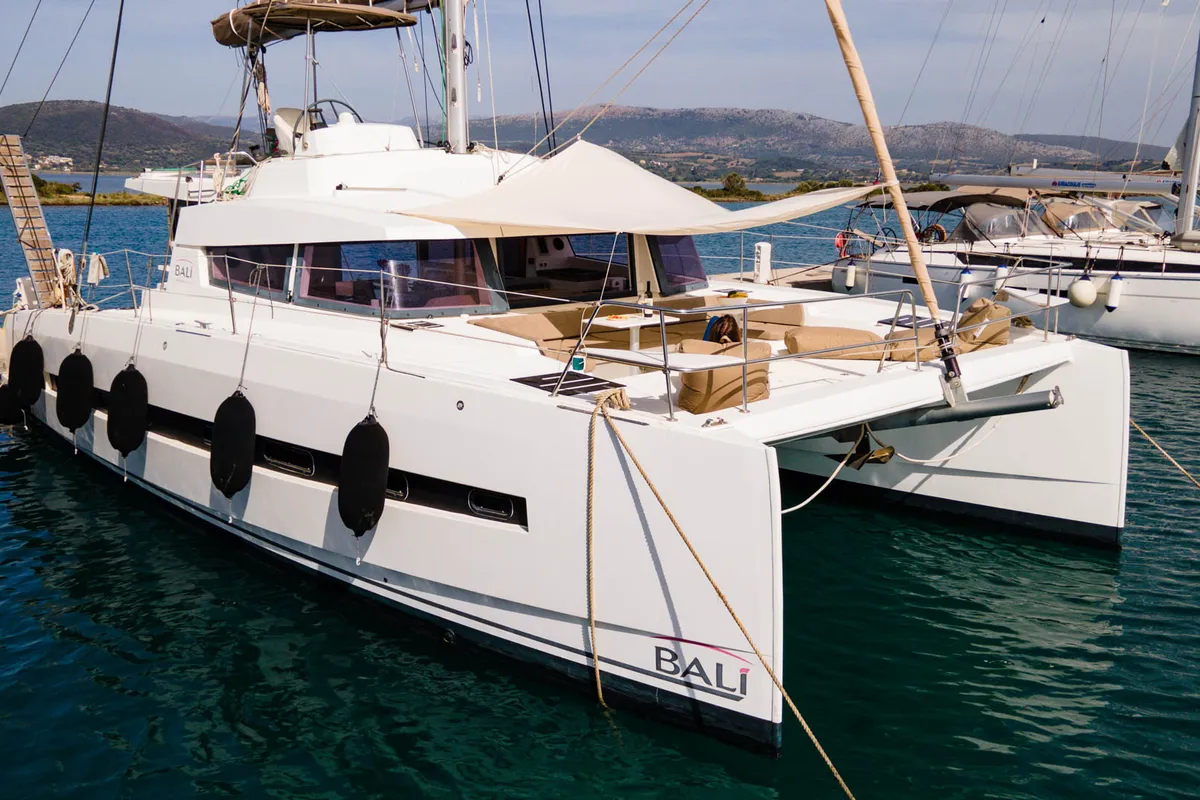 Exterior view of Meaban, a Bali 4.3 catamaran at Municipal Unit of Lefkada, Greece