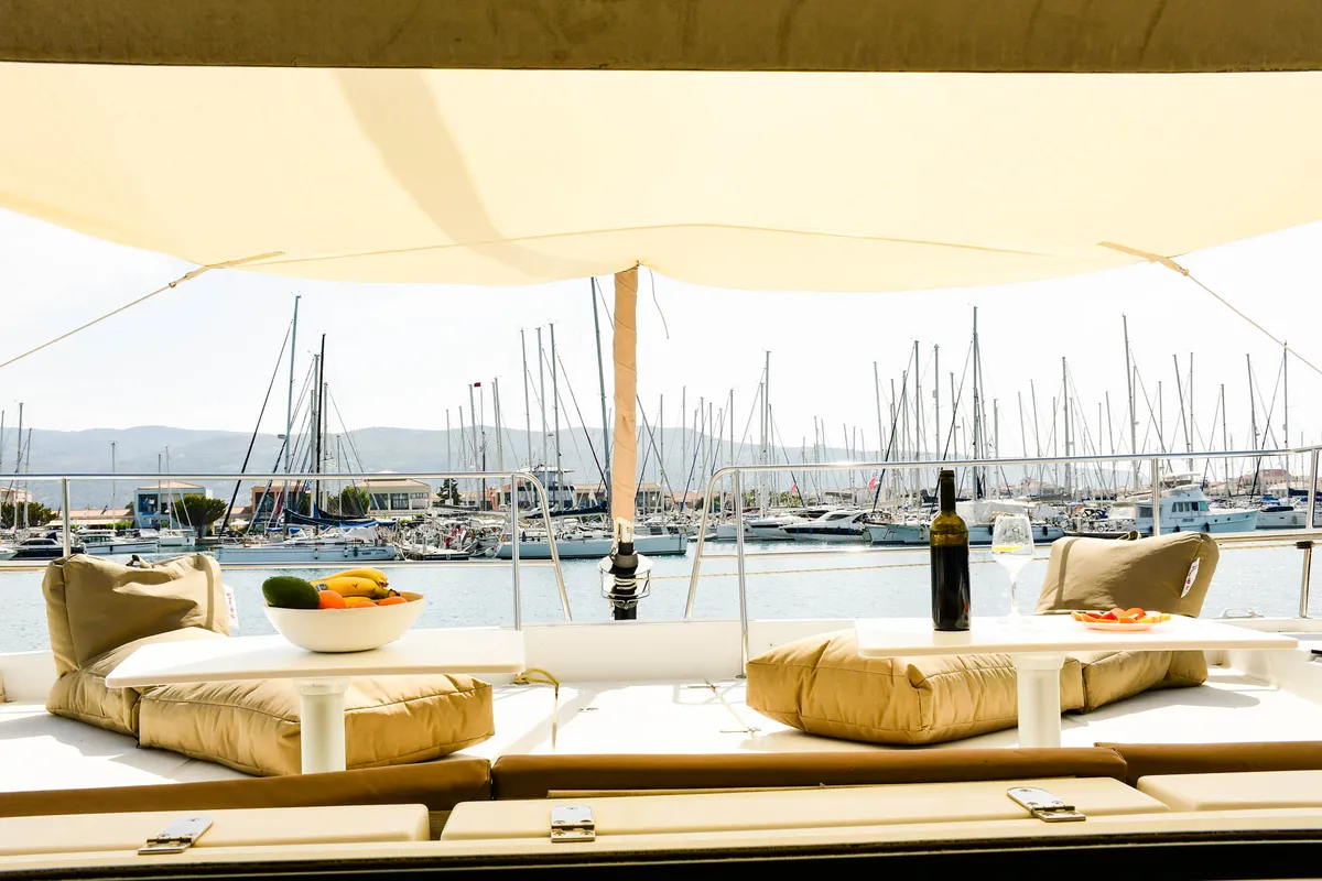 Deck of Meaban, a Bali 4.3 catamaran at Municipal Unit of Lefkada, Greece
