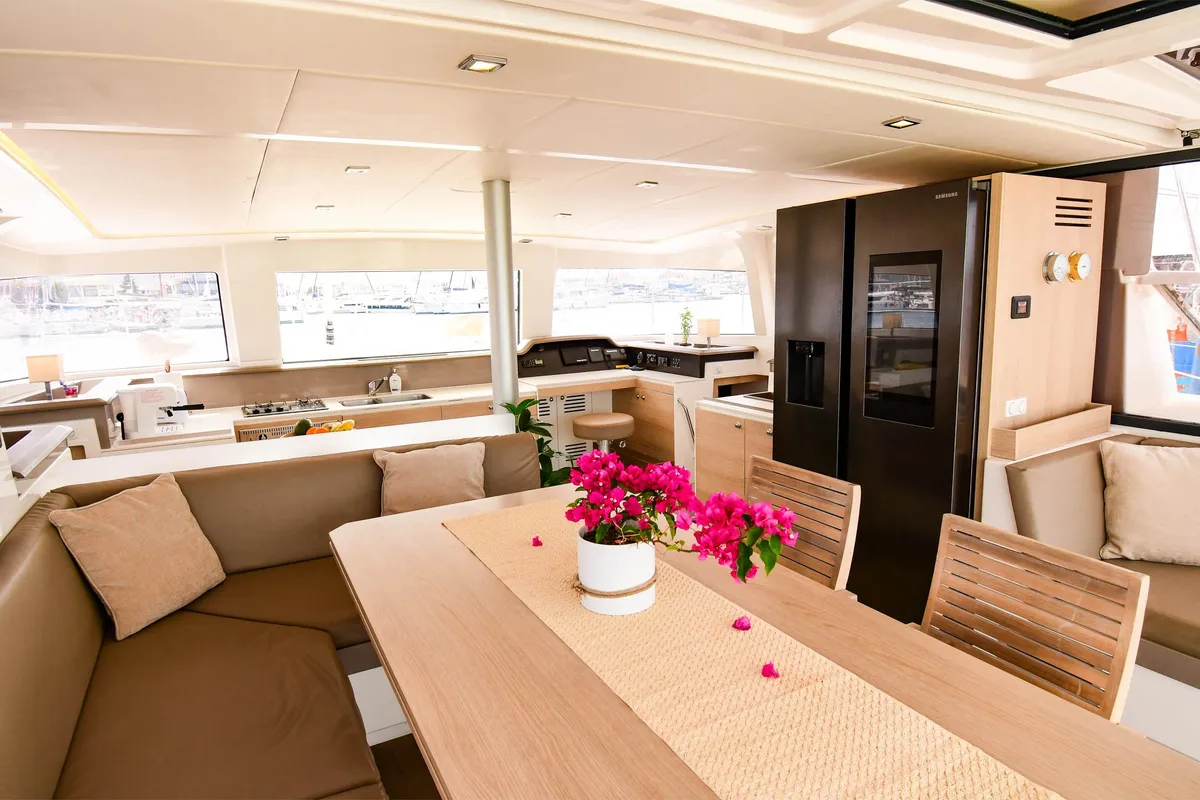 Salon of Meaban, a Bali 4.3 catamaran at Municipal Unit of Lefkada, Greece