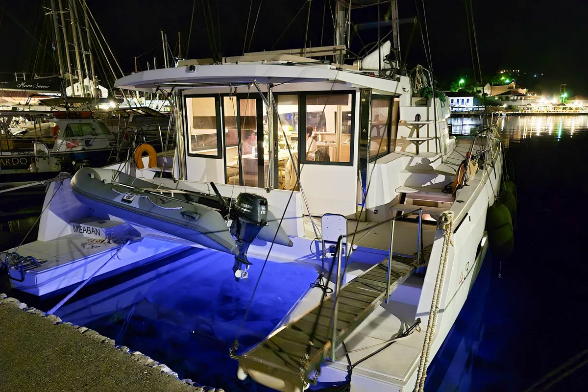 Exterior view of Meaban, a Bali 4.3 catamaran at Municipal Unit of Lefkada, Greece
