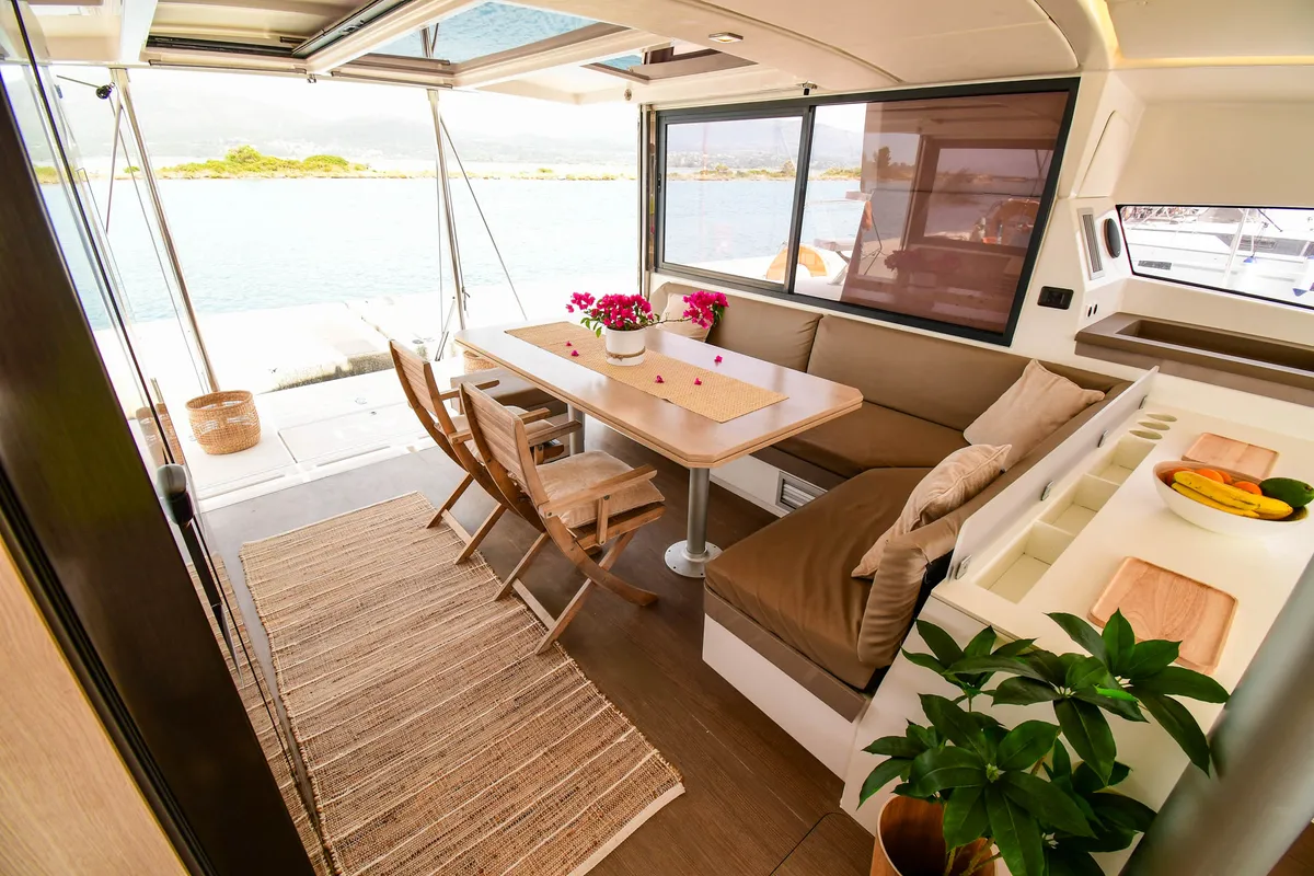 Salon of Meaban, a Bali 4.3 catamaran at Municipal Unit of Lefkada, Greece