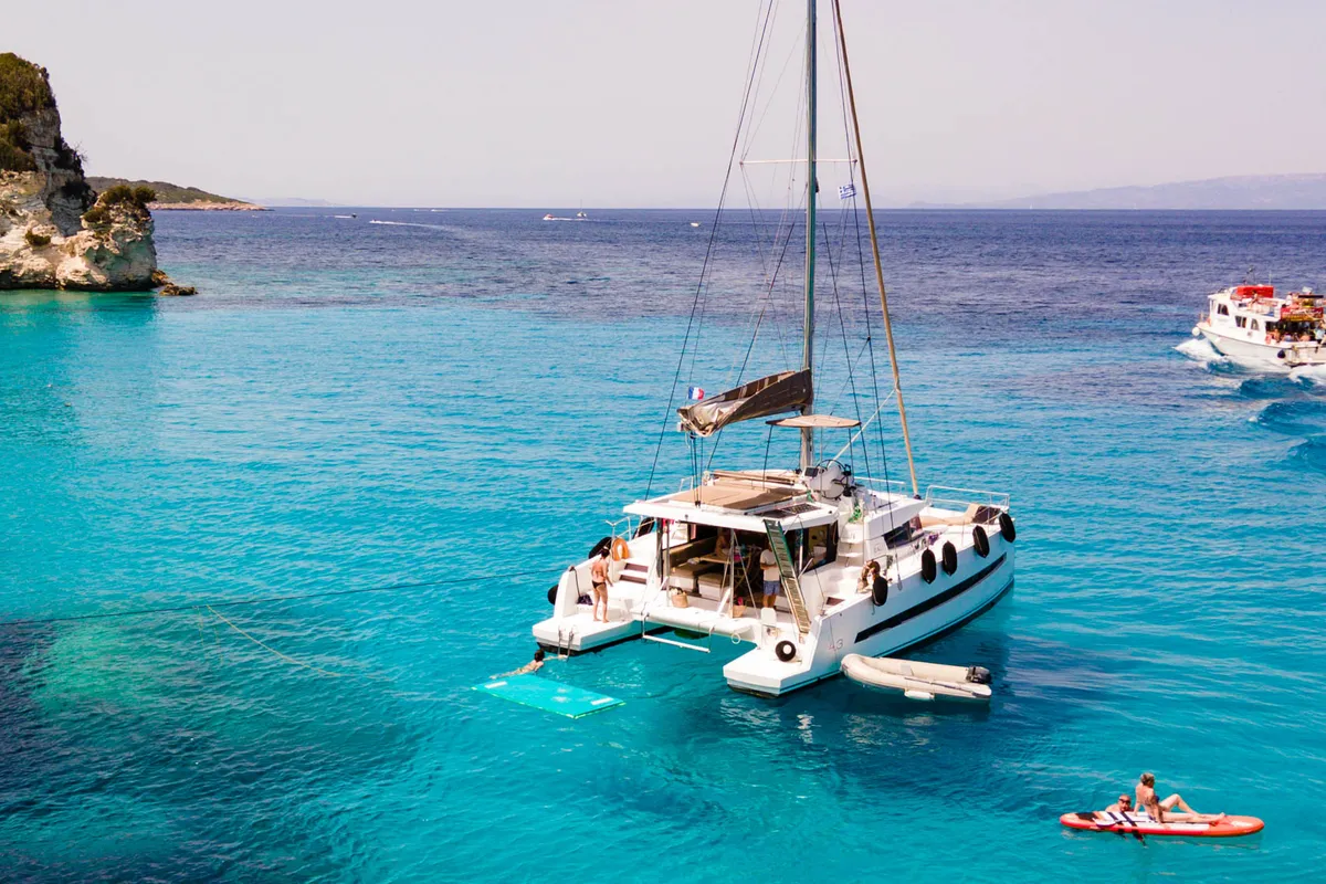 Exterior view of Meaban, a Bali 4.3 catamaran at Municipal Unit of Lefkada, Greece