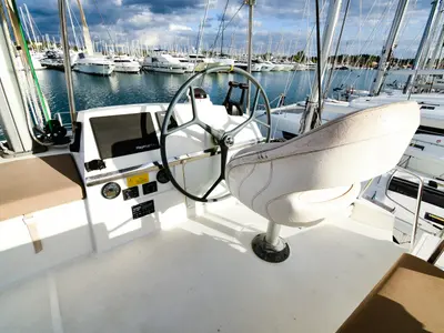 Cockpit of Meaban, a Bali 4.3 catamaran at Municipal Unit of Lefkada, Greece