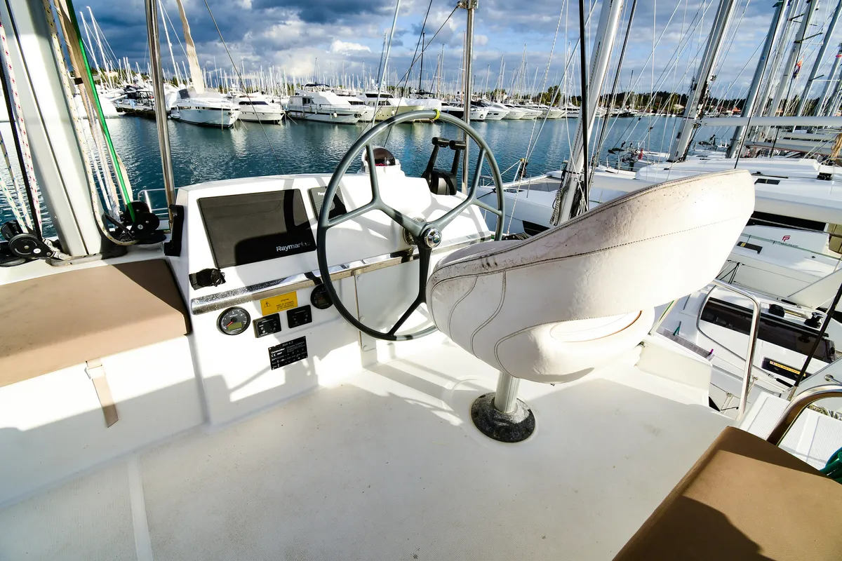 Cockpit of Meaban, a Bali 4.3 catamaran at Municipal Unit of Lefkada, Greece