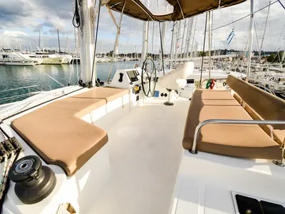Deck of Meaban, a Bali 4.3 catamaran at Municipal Unit of Lefkada, Greece