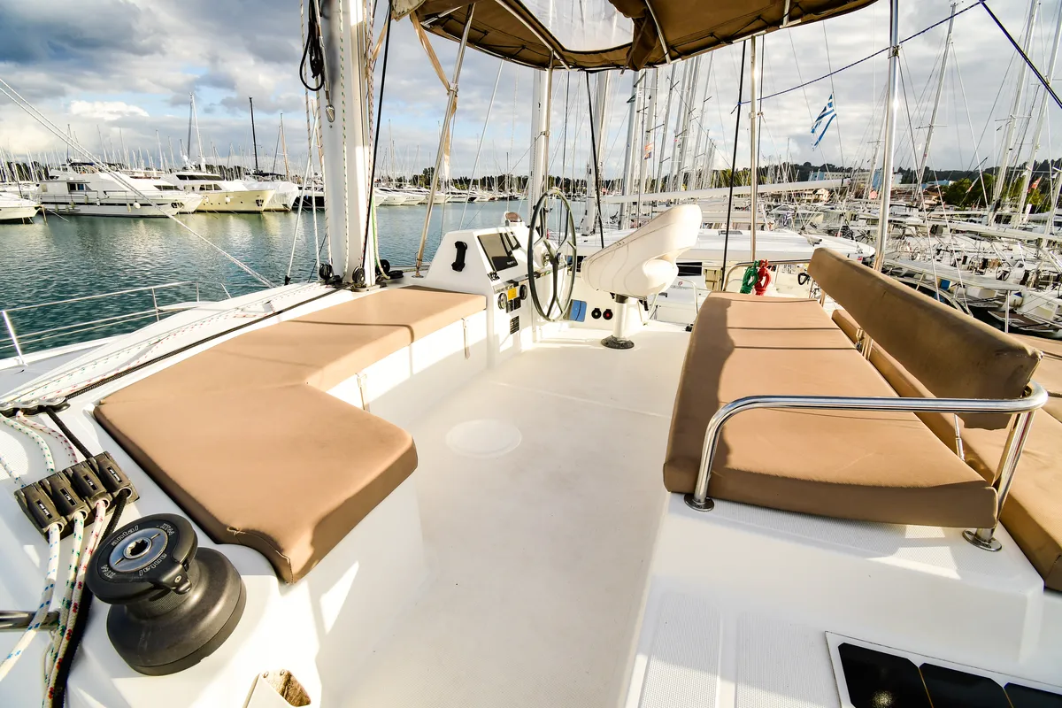 Deck of Meaban, a Bali 4.3 catamaran at Municipal Unit of Lefkada, Greece