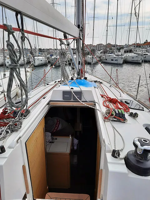 Deck of Sierra, a Elan 350 sailboat at Grad Biograd na Moru, Croatia