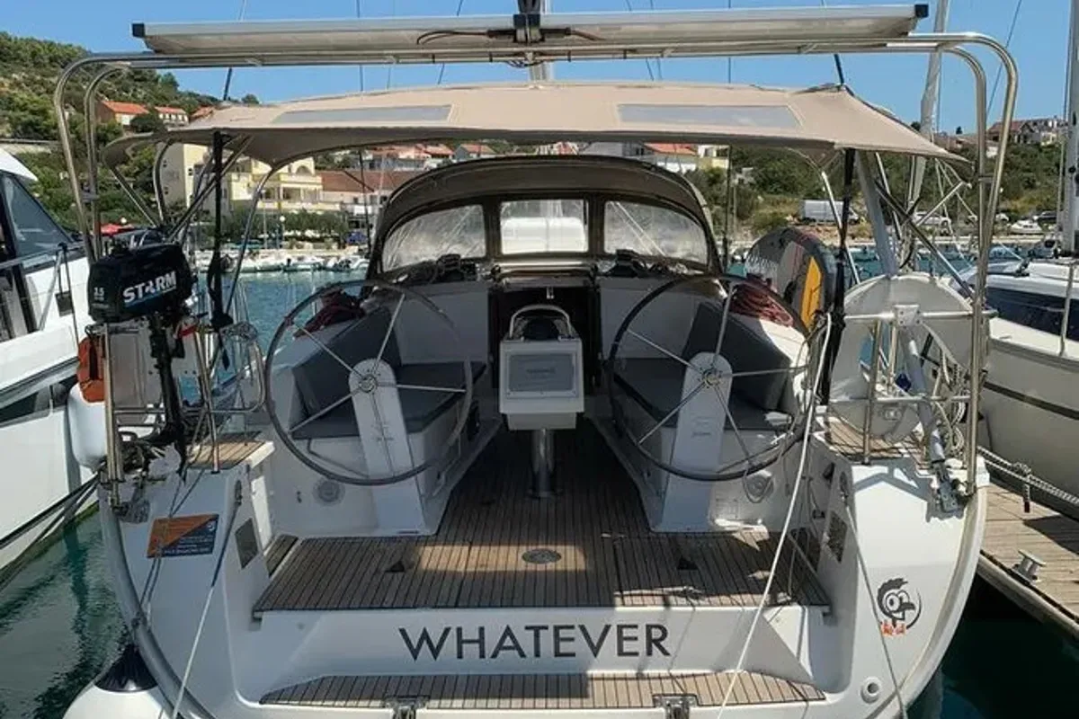 Cockpit of WHATEVER, a Bavaria Cruiser 41 sailboat at Sukošan, Croatia