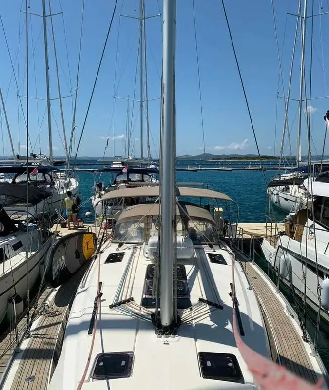 Exterior view of WHATEVER, a Bavaria Cruiser 41 sailboat at Sukošan, Croatia