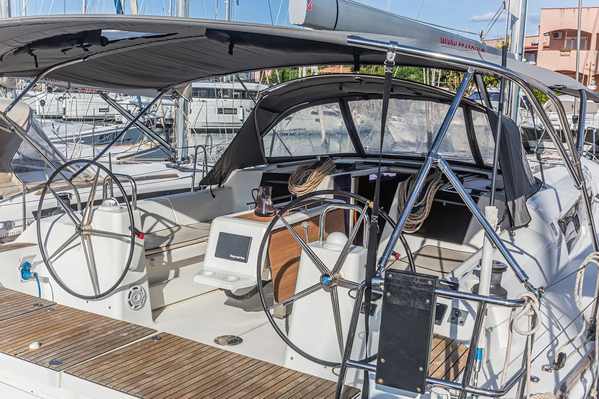 Cockpit of Mania Planet, a Dufour 460 Grand Large sailboat at Tonnarella, Italy