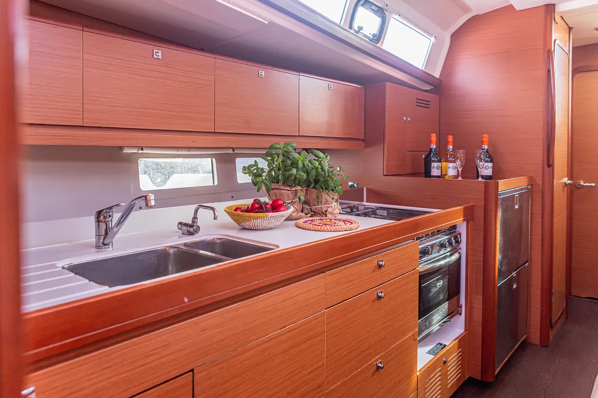 Galley of Mania Planet, a Dufour 460 Grand Large sailboat at Tonnarella, Italy