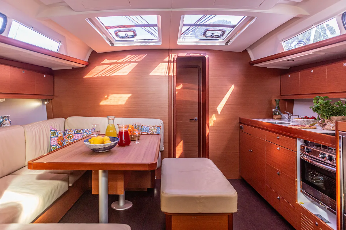 Salon of Mania Planet, a Dufour 460 Grand Large sailboat at Tonnarella, Italy