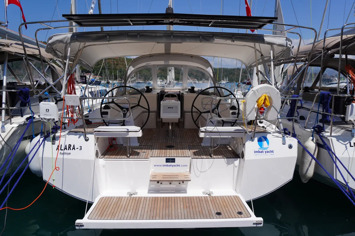 Exterior view of Alara 3, a Bavaria C42 sailboat at Fethiye, Turkey