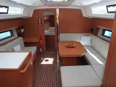 Salon of Alara 3, a Bavaria C42 sailboat at Fethiye, Turkey