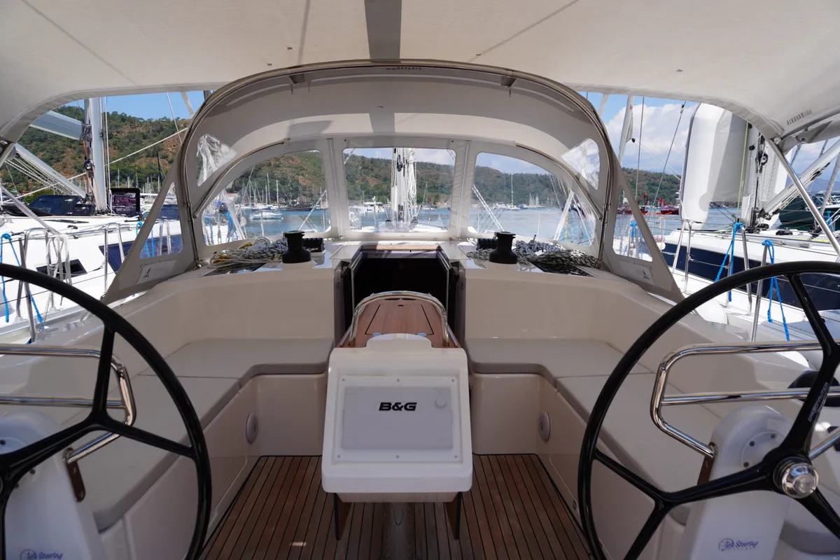 Cockpit of Alara 3, a Bavaria C42 sailboat at Fethiye, Turkey