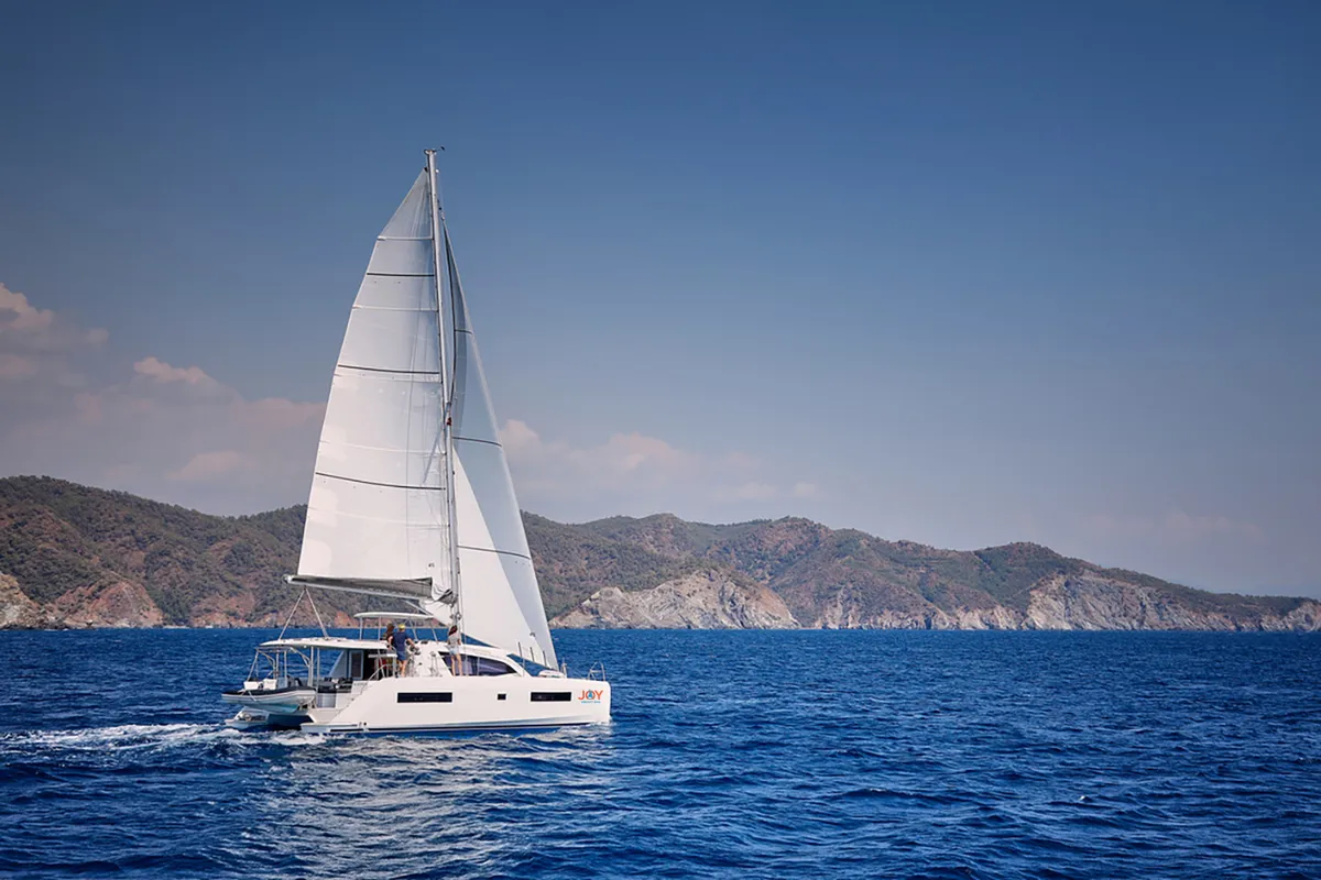 Exterior view of Panda Joy, a Leopard 40 catamaran at Fethiye, Turkey