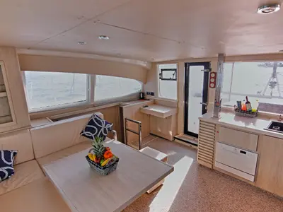 Salon of Panda Joy, a Leopard 40 catamaran at Fethiye, Turkey