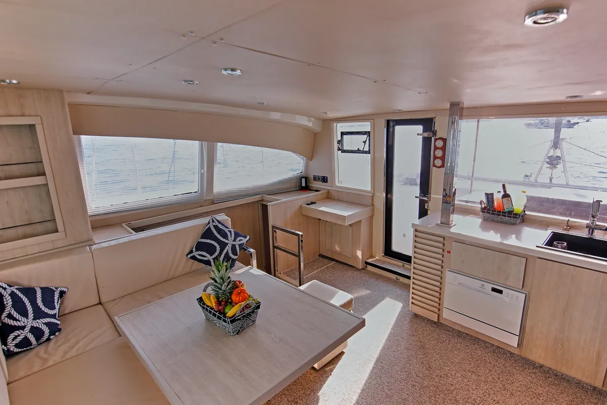 Salon of Panda Joy, a Leopard 40 catamaran at Fethiye, Turkey