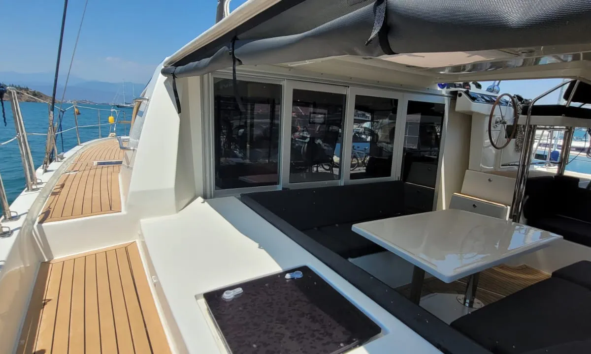 Deck of Panda Joy, a Leopard 40 catamaran at Fethiye, Turkey