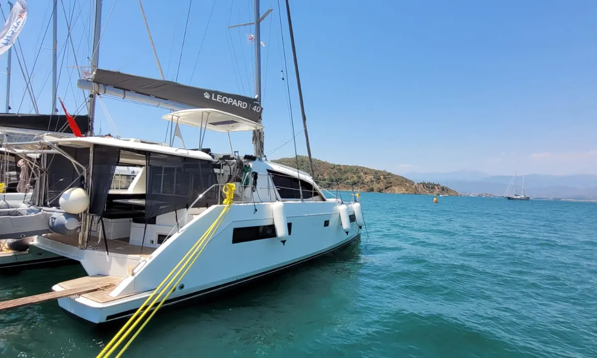 Exterior view of Panda Joy, a Leopard 40 catamaran at Fethiye, Turkey