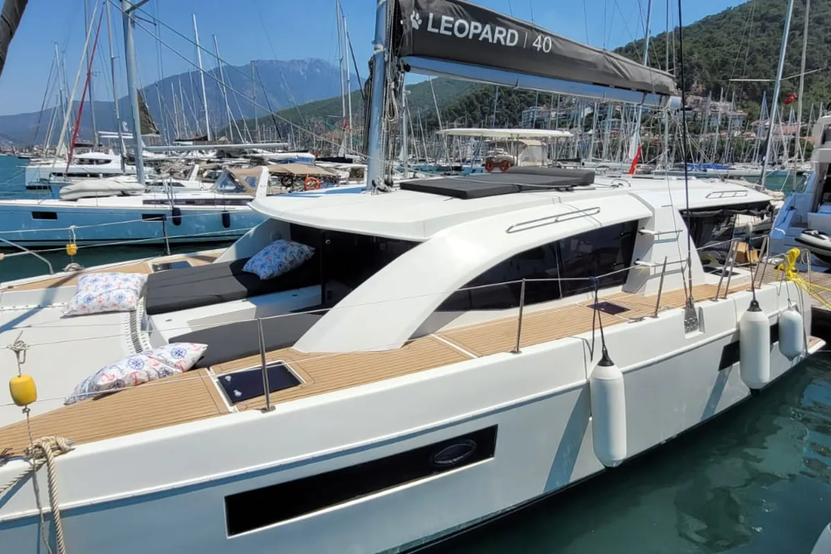 Deck of Panda Joy, a Leopard 40 catamaran at Fethiye, Turkey