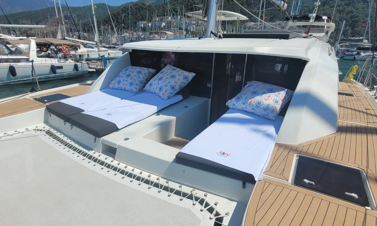 Deck of Panda Joy, a Leopard 40 catamaran at Fethiye, Turkey