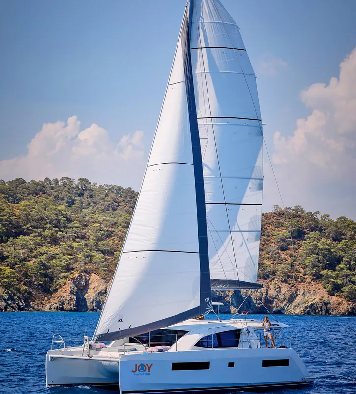 Exterior view of Panda Joy, a Leopard 40 catamaran at Fethiye, Turkey