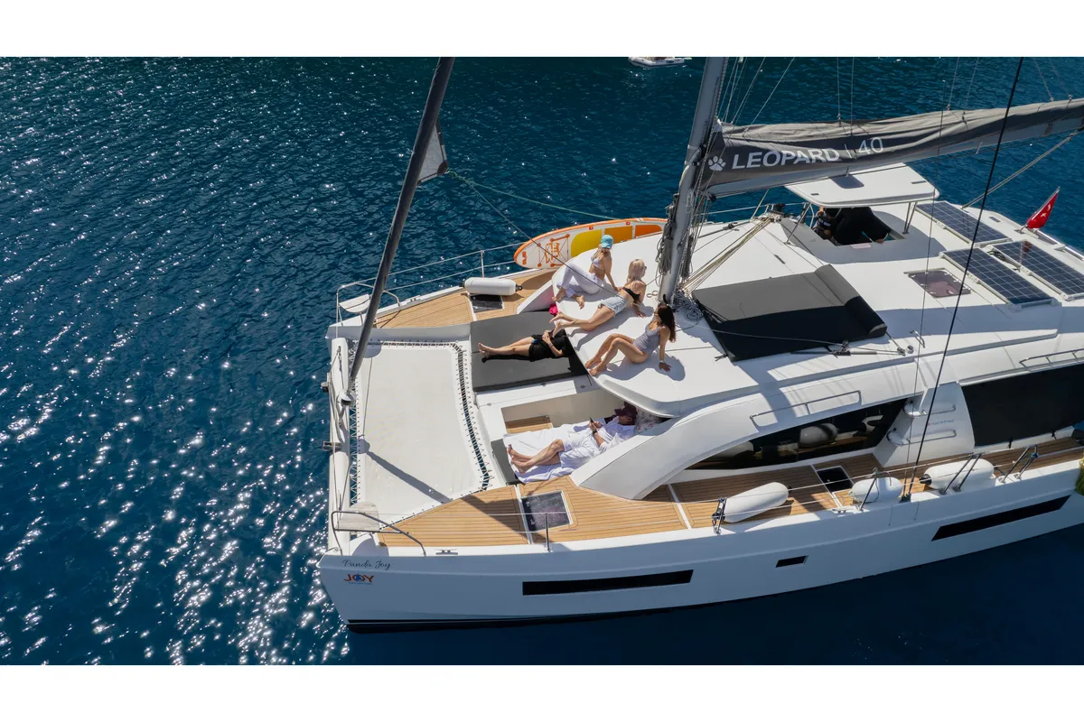 Exterior view of Panda Joy, a Leopard 40 catamaran at Fethiye, Turkey