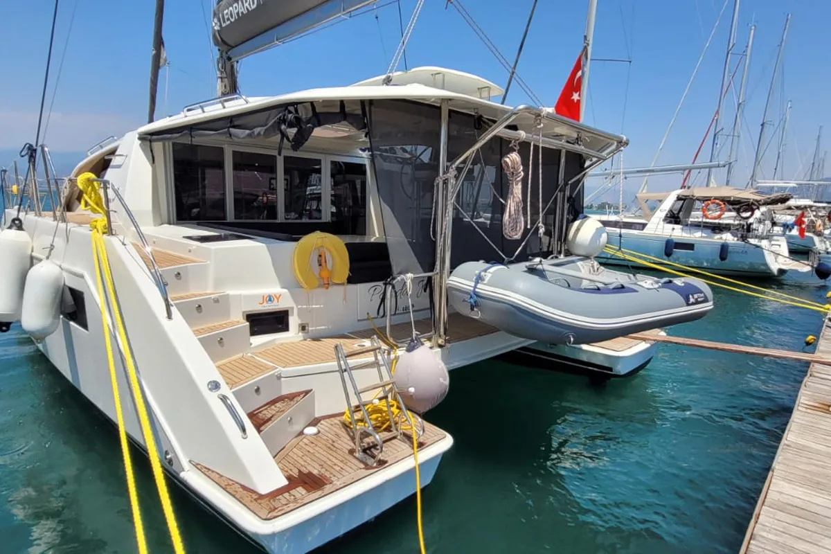Exterior view of Panda Joy, a Leopard 40 catamaran at Fethiye, Turkey