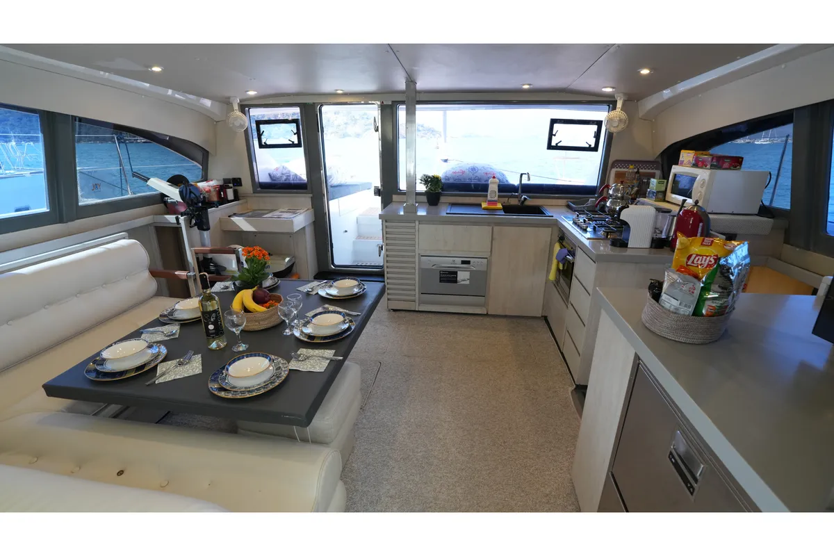 Galley of Panda Joy, a Leopard 40 catamaran at Fethiye, Turkey