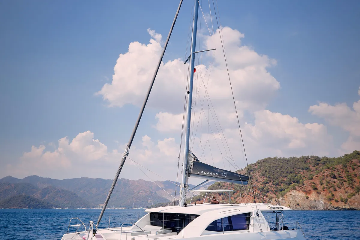 Exterior view of Panda Joy, a Leopard 40 catamaran at Fethiye, Turkey