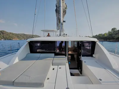 Deck of Panda Joy, a Leopard 40 catamaran at Fethiye, Turkey