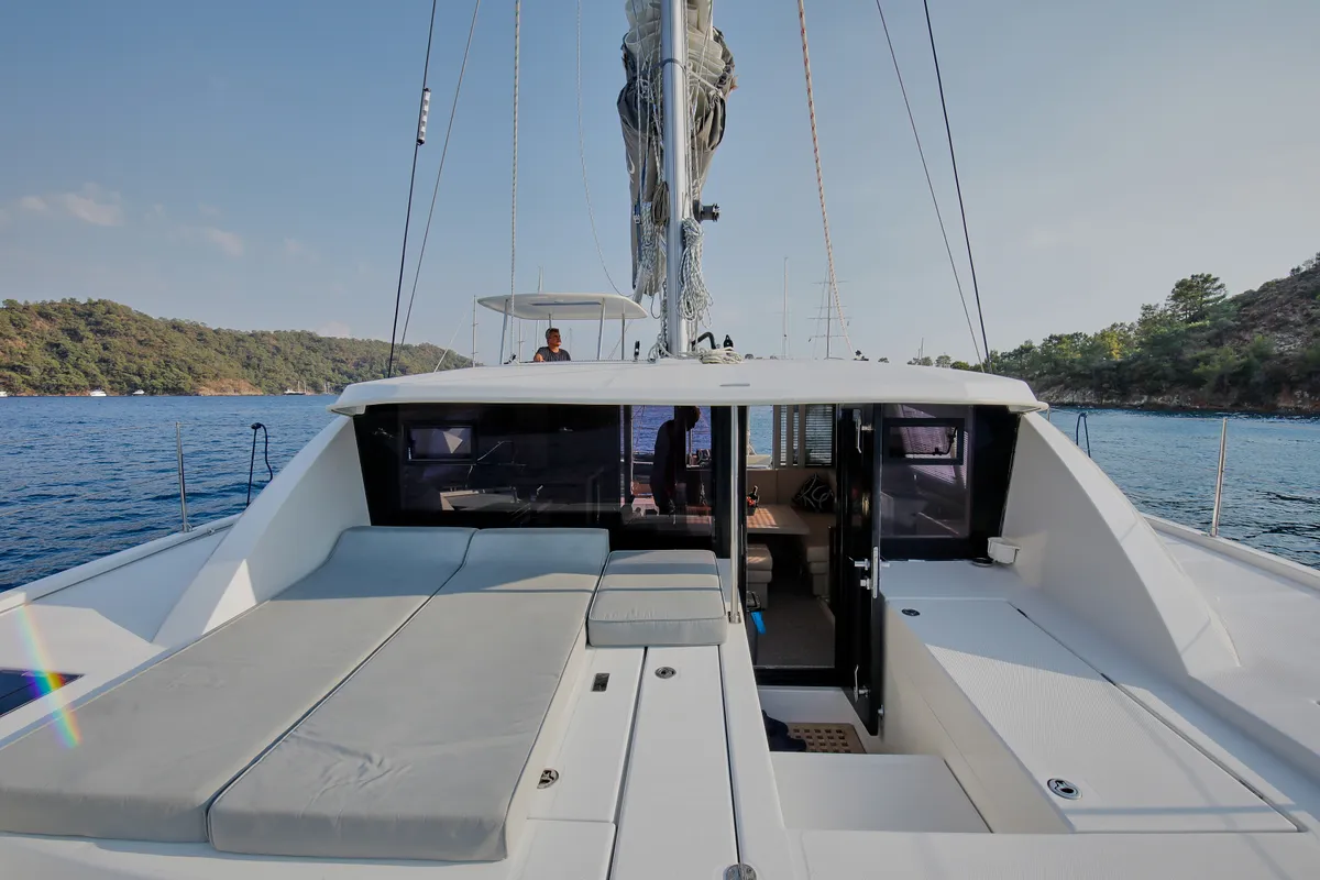 Deck of Panda Joy, a Leopard 40 catamaran at Fethiye, Turkey
