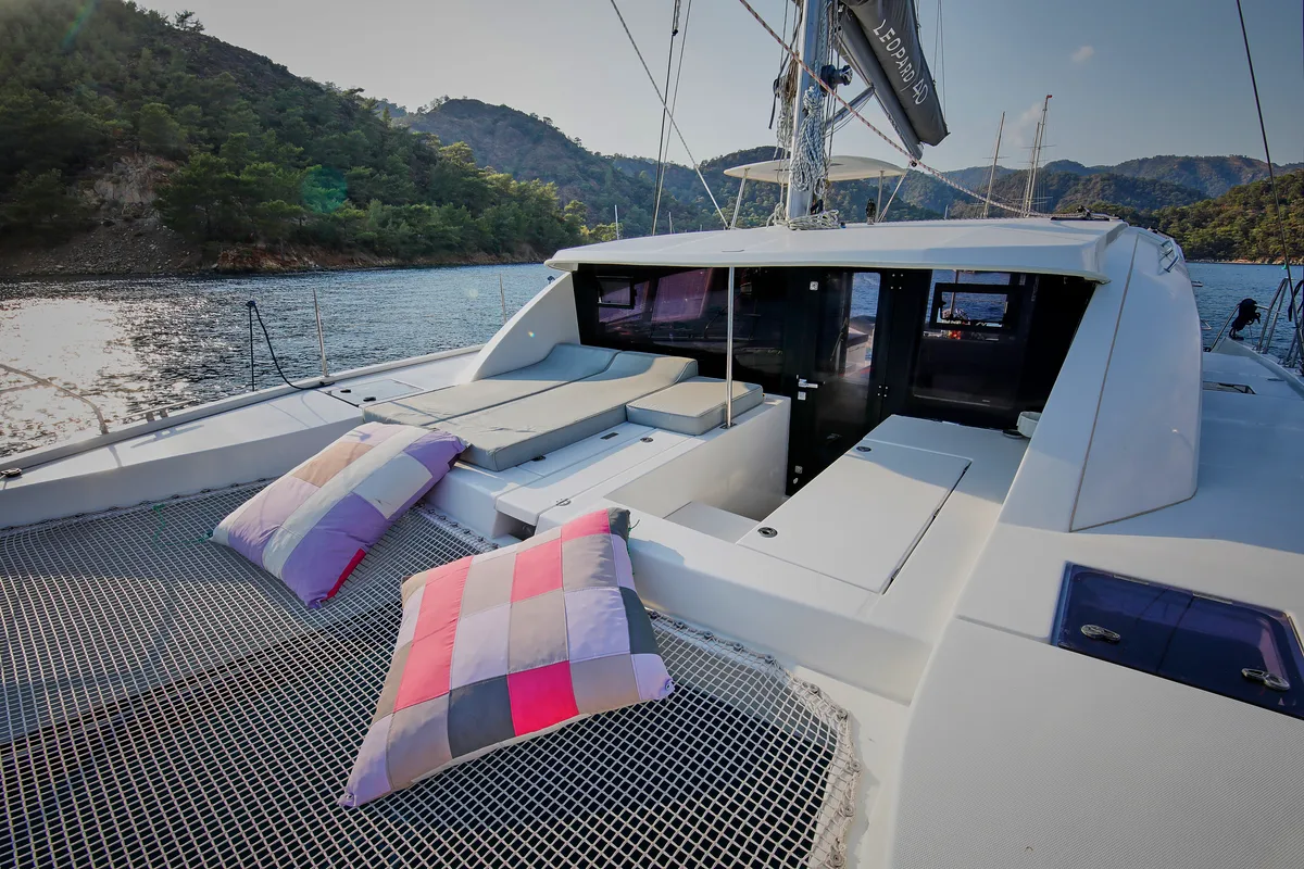 Deck of Panda Joy, a Leopard 40 catamaran at Fethiye, Turkey