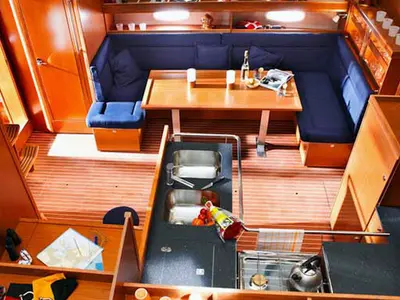 Salon of Lady Rose, a Bavaria 51 Cruiser sailboat at Termoli, Italy