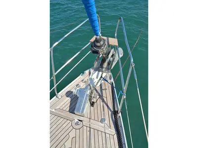 Deck of Ira, a Bavaria 39 Cruiser sailboat at Lavreotiki Municipal Unit, Greece