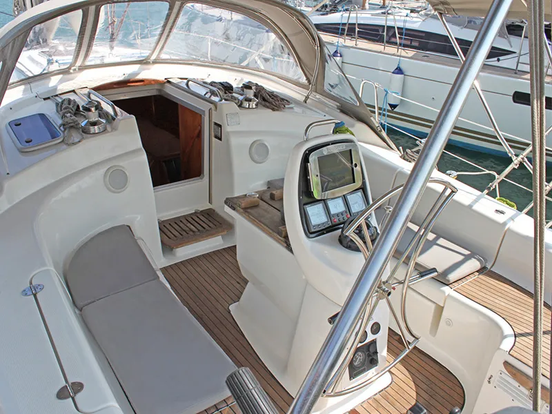 Cockpit of Ira, a Bavaria 39 Cruiser sailboat at Lavreotiki Municipal Unit, Greece