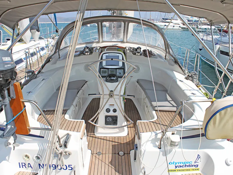 Cockpit of Ira, a Bavaria 39 Cruiser sailboat at Lavreotiki Municipal Unit, Greece