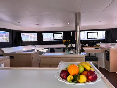 Salon of INRADA, a Dufour Catamaran 48 catamaran at Salerno, Italy
