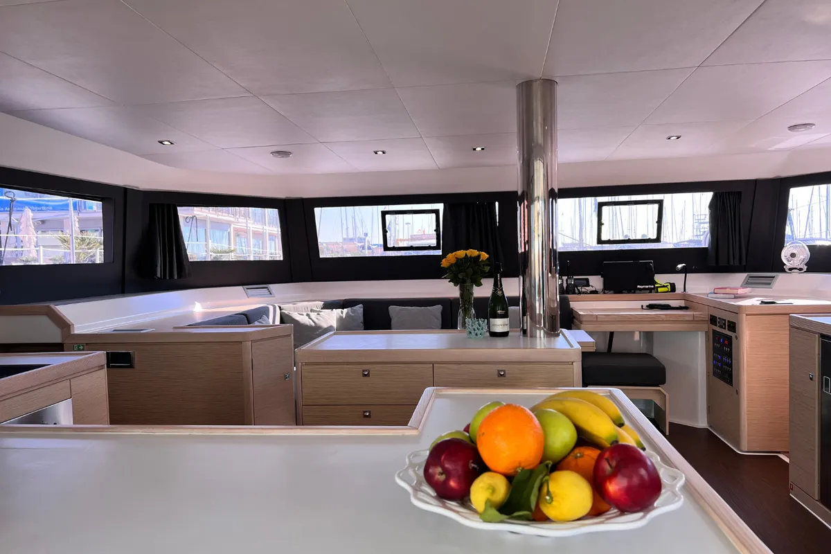 Salon of INRADA, a Dufour Catamaran 48 catamaran at Salerno, Italy