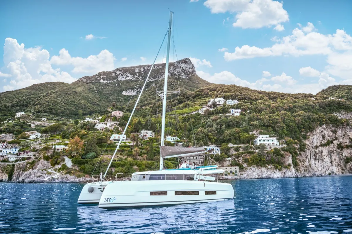 Exterior view of INRADA, a Dufour Catamaran 48 catamaran at Salerno, Italy
