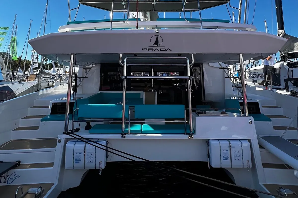 Deck of INRADA, a Dufour Catamaran 48 catamaran at Salerno, Italy