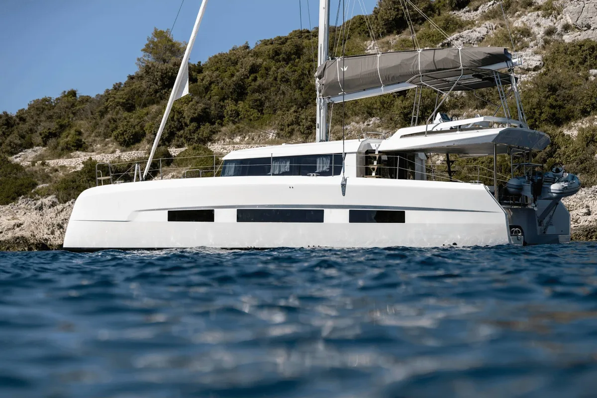 Exterior view of INRADA, a Dufour Catamaran 48 catamaran at Salerno, Italy