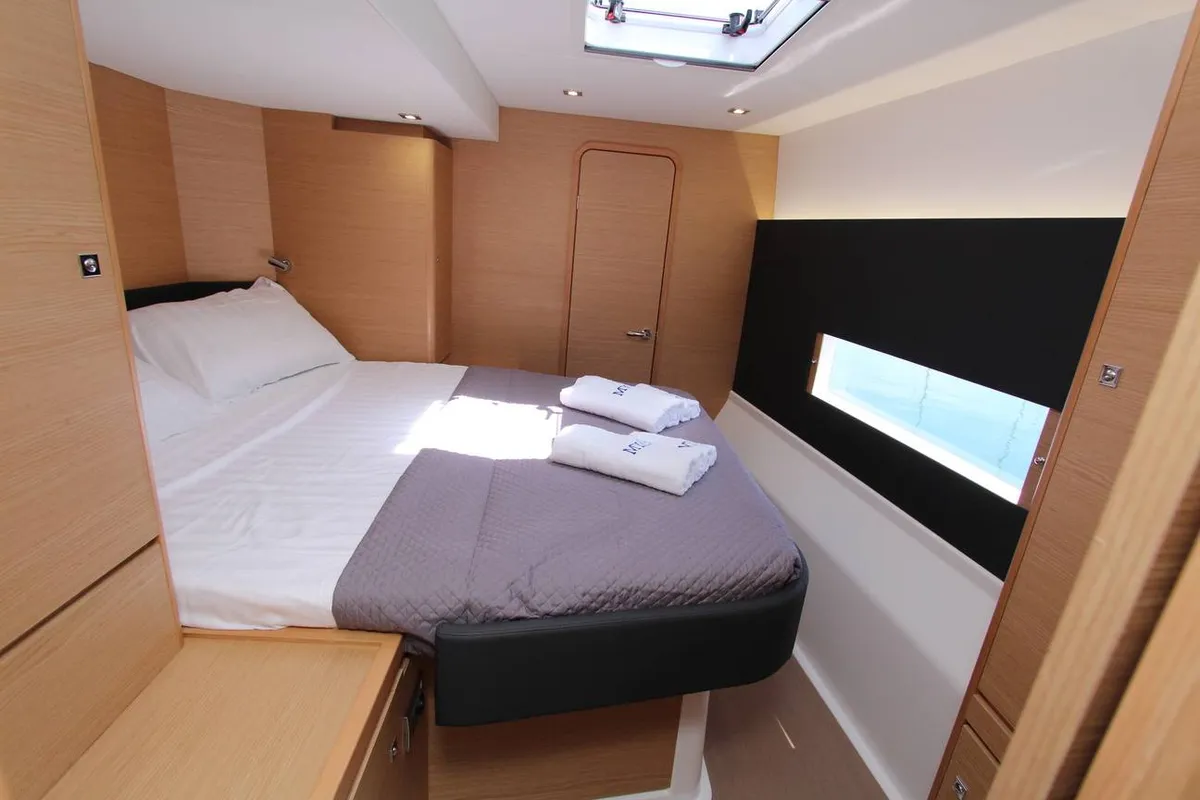 Cabin on INRADA, a Dufour Catamaran 48 catamaran at Salerno, Italy